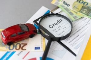A crisp, still-life shot presents a financial concept, featuring a form with the word "Credit" magnified, alongside a small red car and euro banknotes. The composition is clean and focused, highlighting the financial theme.